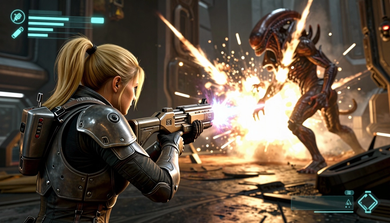 --ar 16:9 Action-packed third-person shooter gameplay screenshot, 16:9 widescreen aspect ratio, over-the-shoulder close-