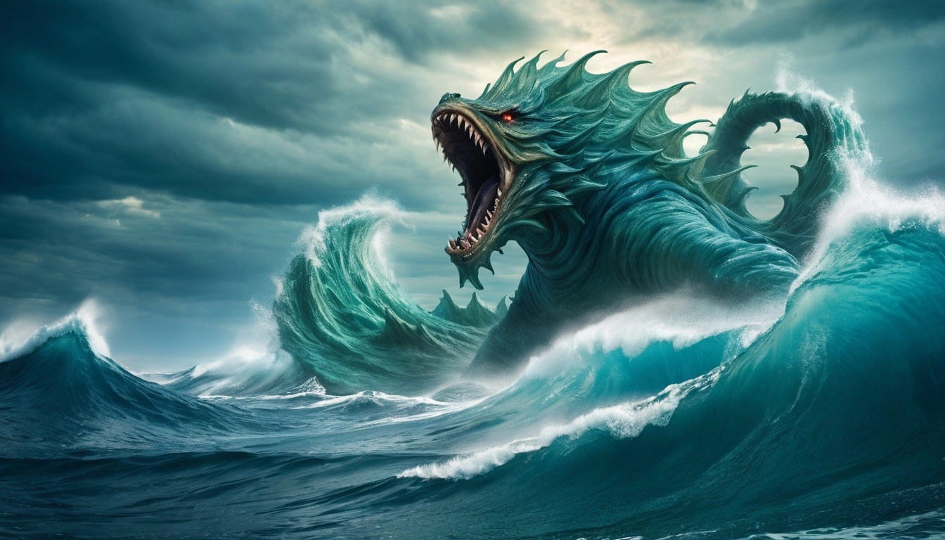 sea, fantasy, long sea monster, tempest sea