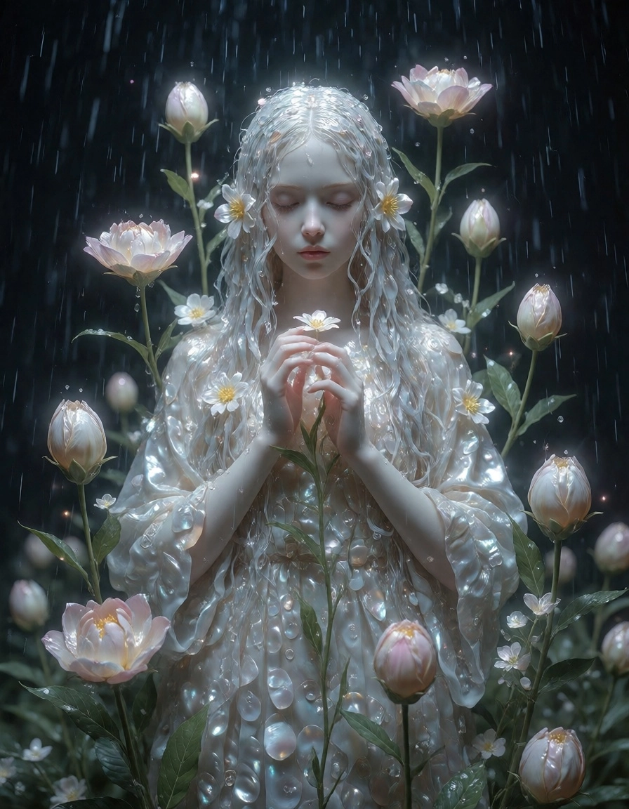 A girl reborn from mother-of-pearl ashes, surrounded by flower buds that bloom around her. Her figure is graceful and gr