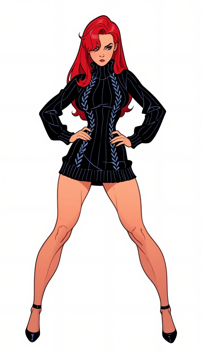 full body, confident, standing boldly, powerful stance, hands on hips, legs apart, white minimalist background, perfect 