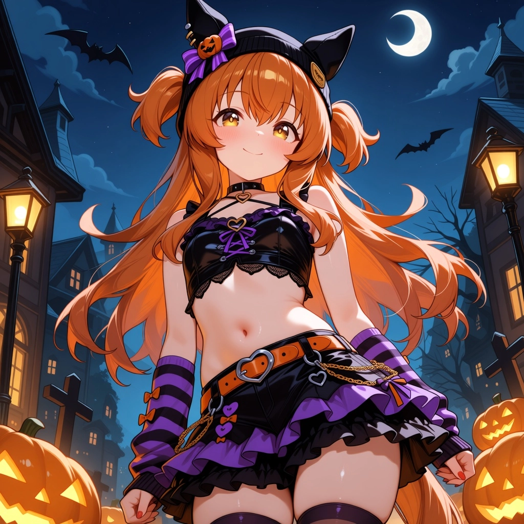 Mayano Top Gun, umamusume, Rockin MeowMeow black Halloween outfit, nighttime, beanie, purple and black striped arm warme