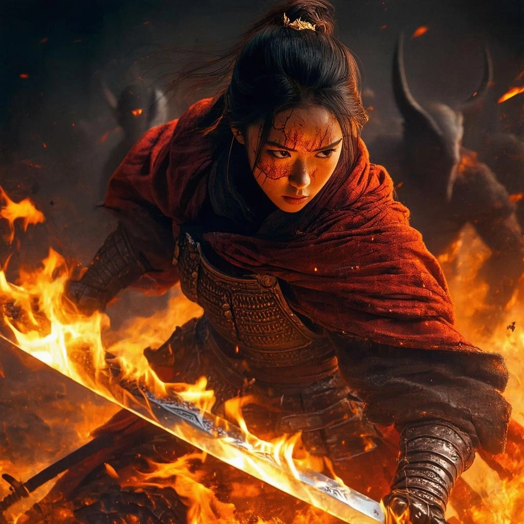 woman, dirty face, scars,fierce look, looking at viewer,
fantasy setting, iron armor, sword in one hand, flaming sword, 