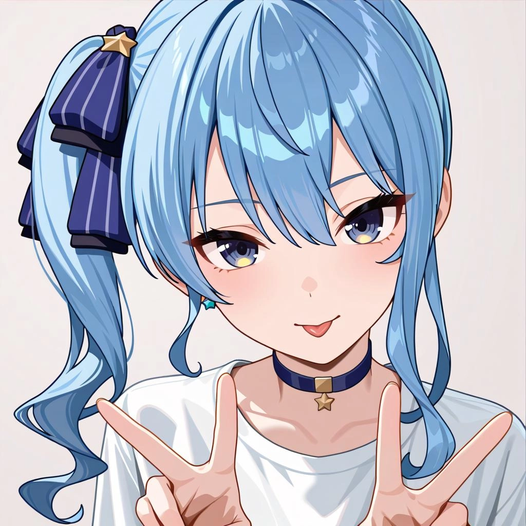 1girl, solo, virtual youtuber, hoshimachi suisei, blue eyes, blue hair, medium hair, side ponytail, hair between eyes, e