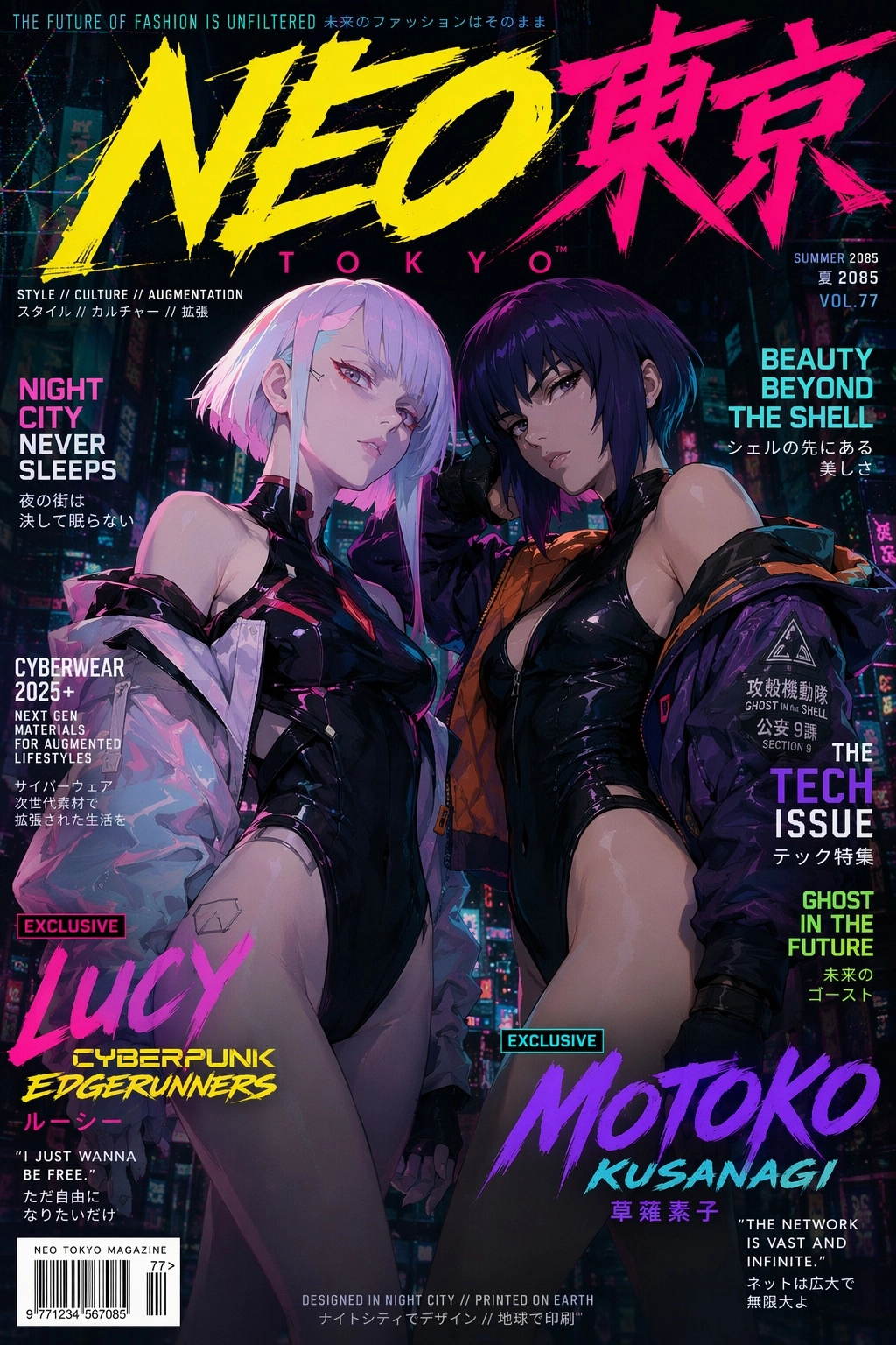 Lucy (Cyberpunk Edgerunners) and Motoko Kusanagi posing on the cover of a cyberpunk fashion magazine from the future, st
