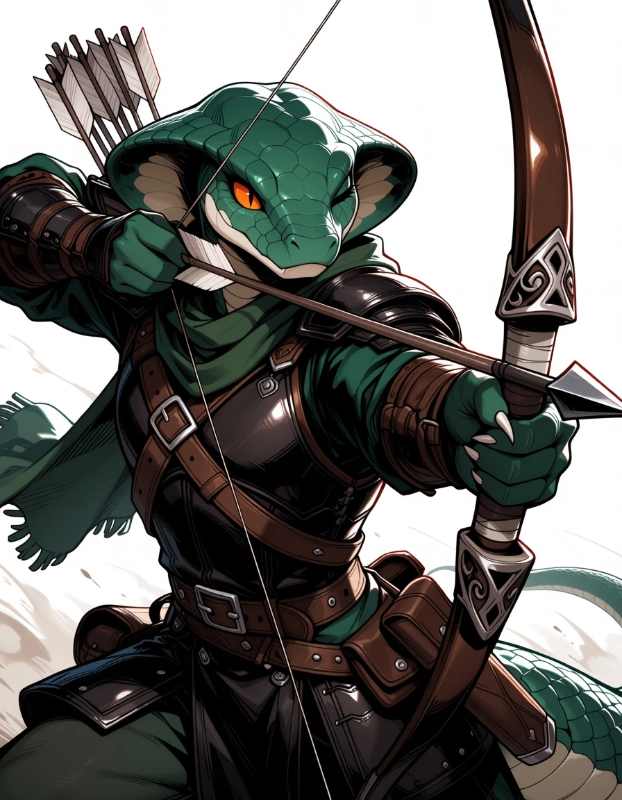 male, cobra, anthro,  green scales, bipedal,  orange snake  eyes,  rugged leather armour, green scarf,  bow and  arrow m