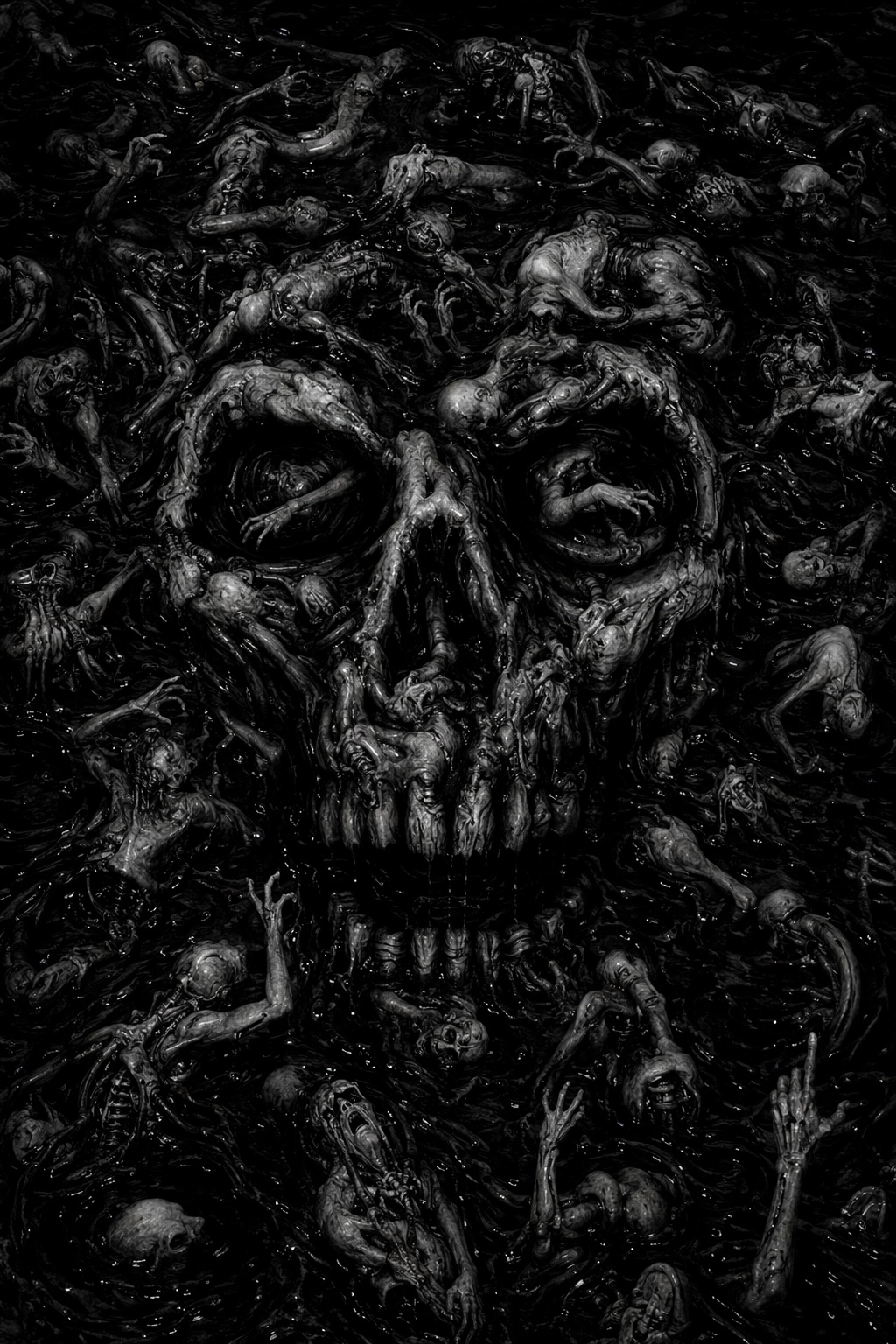 A dark black pool of black liquid filled with  biomechanical human horrors of  malformed  and contorted shapes floating 
