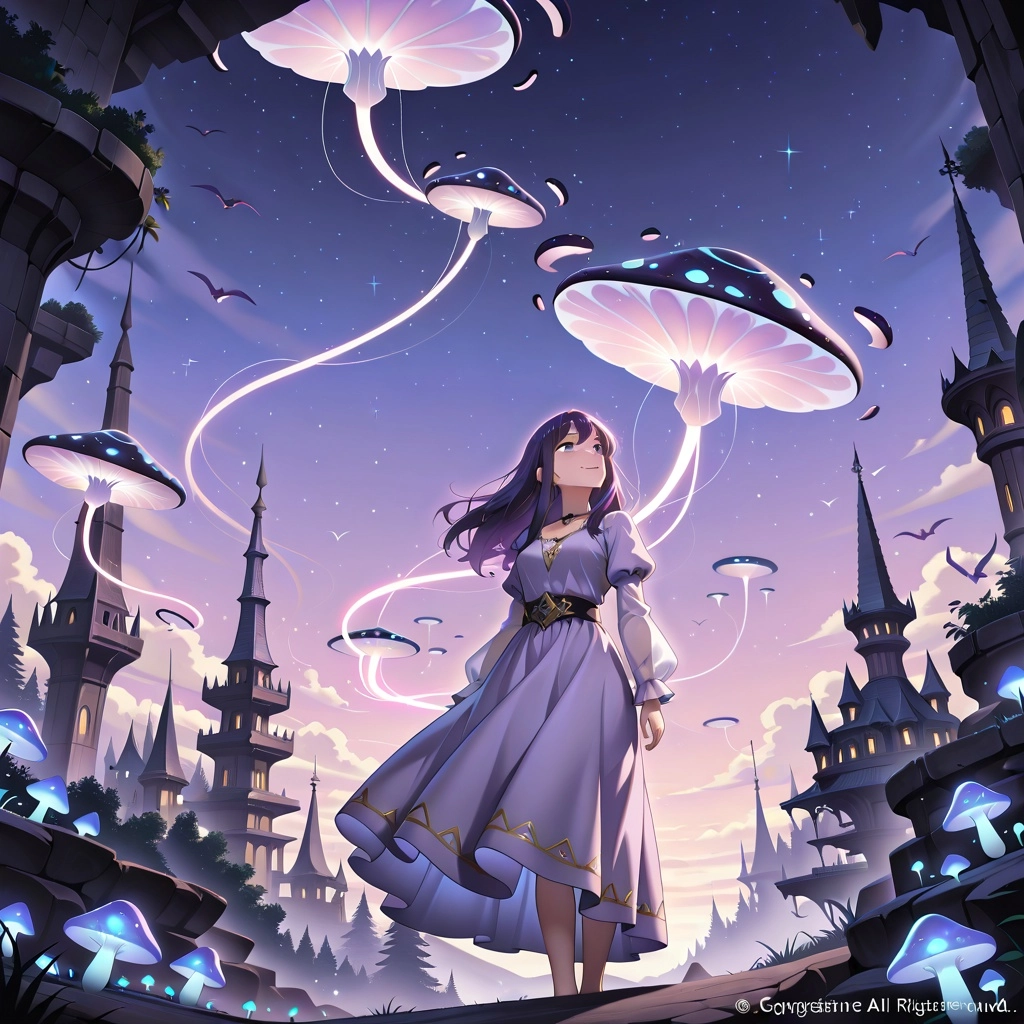 1girl, fantasy world, floating islands, glowing mushrooms, purple twilight sky, whimsical dress, gentle smile, looking u