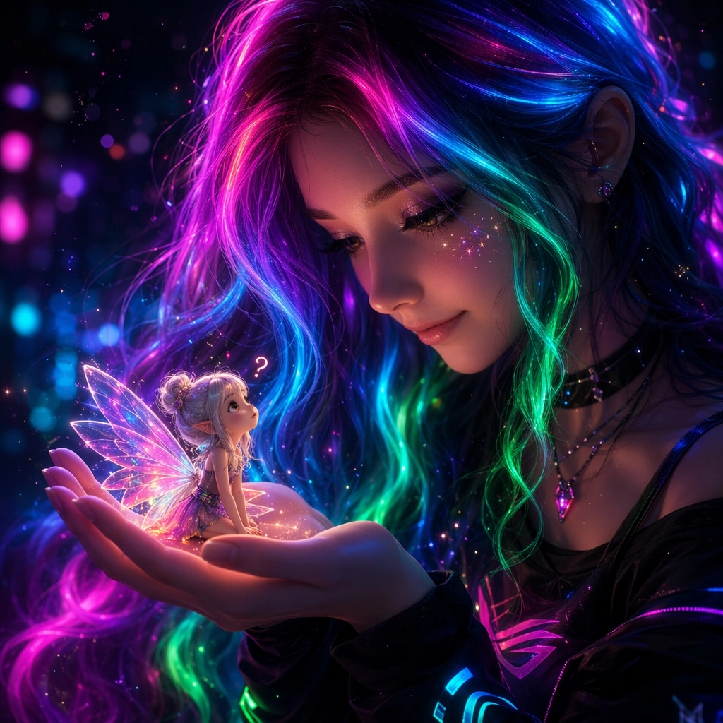 Girl with hair that glows like the RGB colors of a gamer keyboard. Desktop wallpaper. Background bokeh, holding a small 