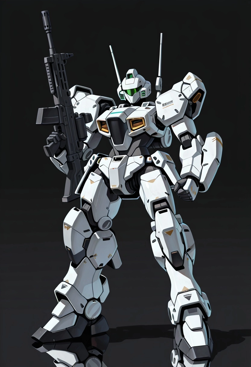 rpg style art.  
a sci-fi combat mecha. thin humanoid shape. extra wide flat plated shoulder pads. arms in front aiming 