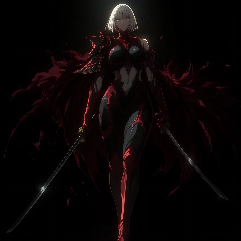 dark_art_style, holding an unsheathed black katana, 
