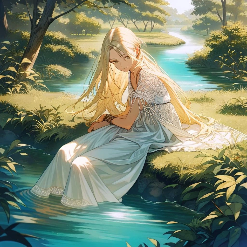 woman, slender, olive eyes, blonde hair,
river, grass, bushes, trees,
hippie look, summer dress,
sitting at the watersid