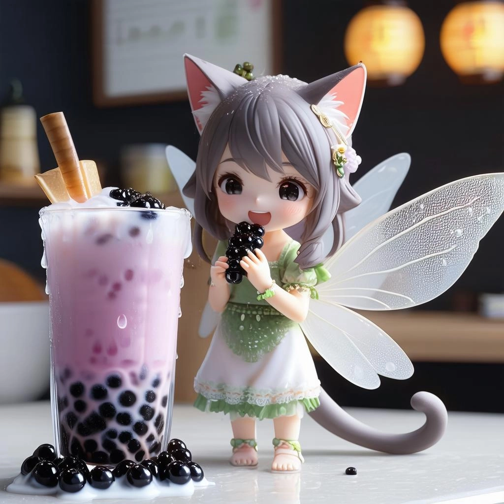 Macro shot.
A Nekomimi fairy girl.
She's incredibly small, a miniature.
She's standing next to a giant glass of bubble t