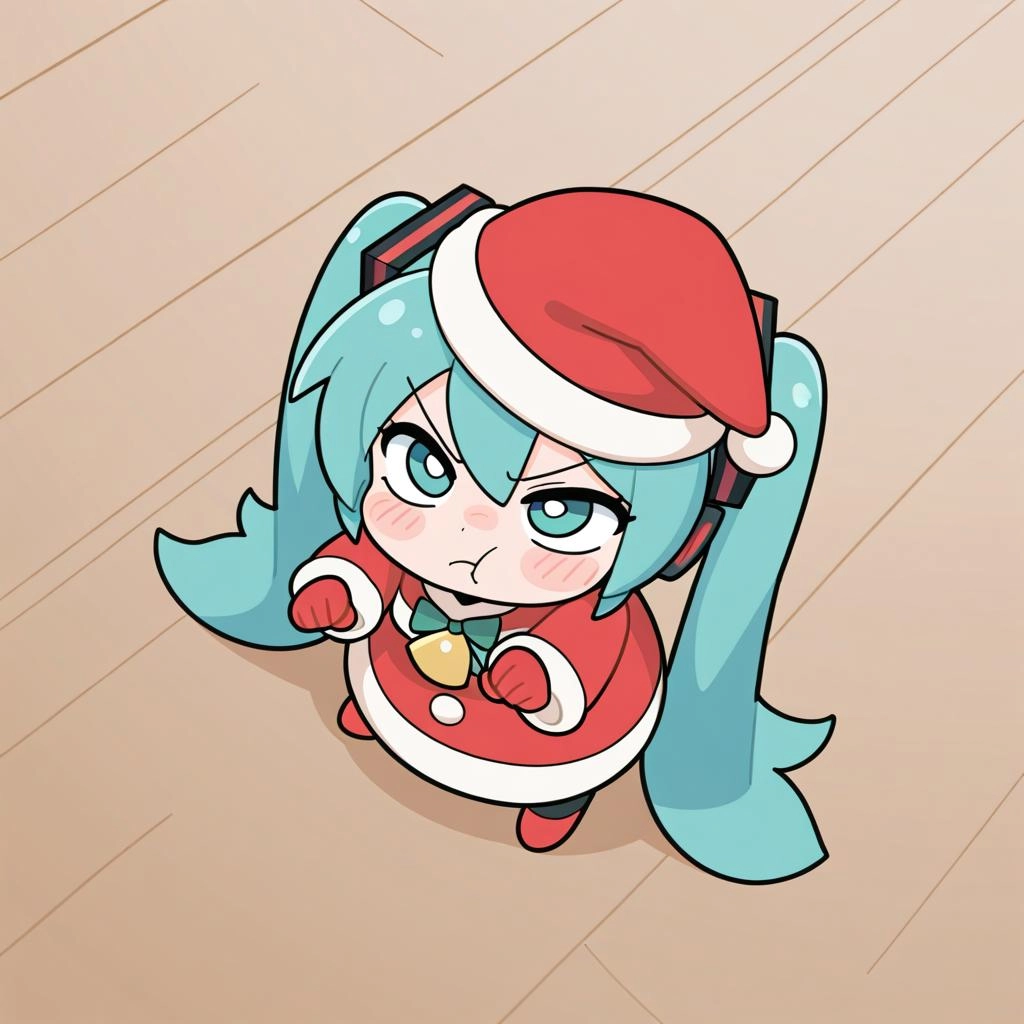 1girl, solo, hatsune miku, chibi, cute, kawaii, full body, wearing a santa costume, pouting, angry, dynamic pose, from a