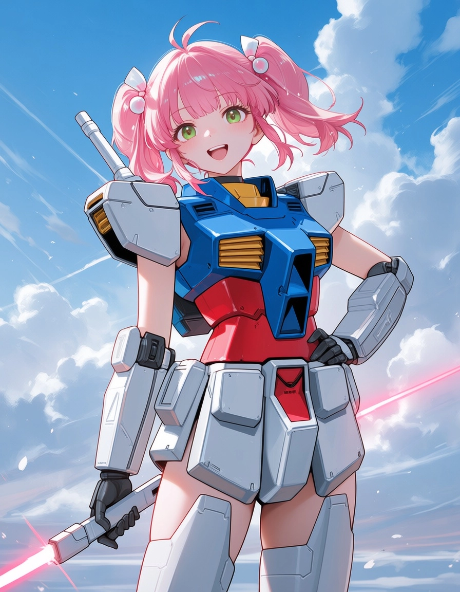 1girl, kawaii Japanese girl, Gundam 0078 theme, holding laser sword, cute pose, anime style, mech armor details, bright 
