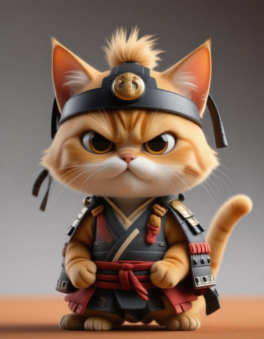 A cute and funny 3D image, Pixar style, of an angry-looking orange samurai cat