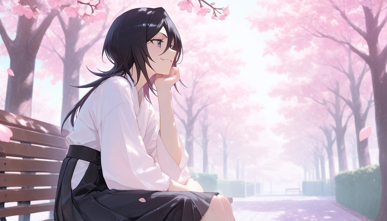 1girl, Rukia kuchiki, bench, outside, pastel color palette, soft anime shading, Sakura trees, blossoms, petals, smirk