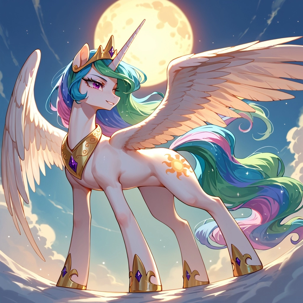 Celestia and Luna in My little pony friendship is magic style, with 4 hooves in sexy pose standing in with her back to t