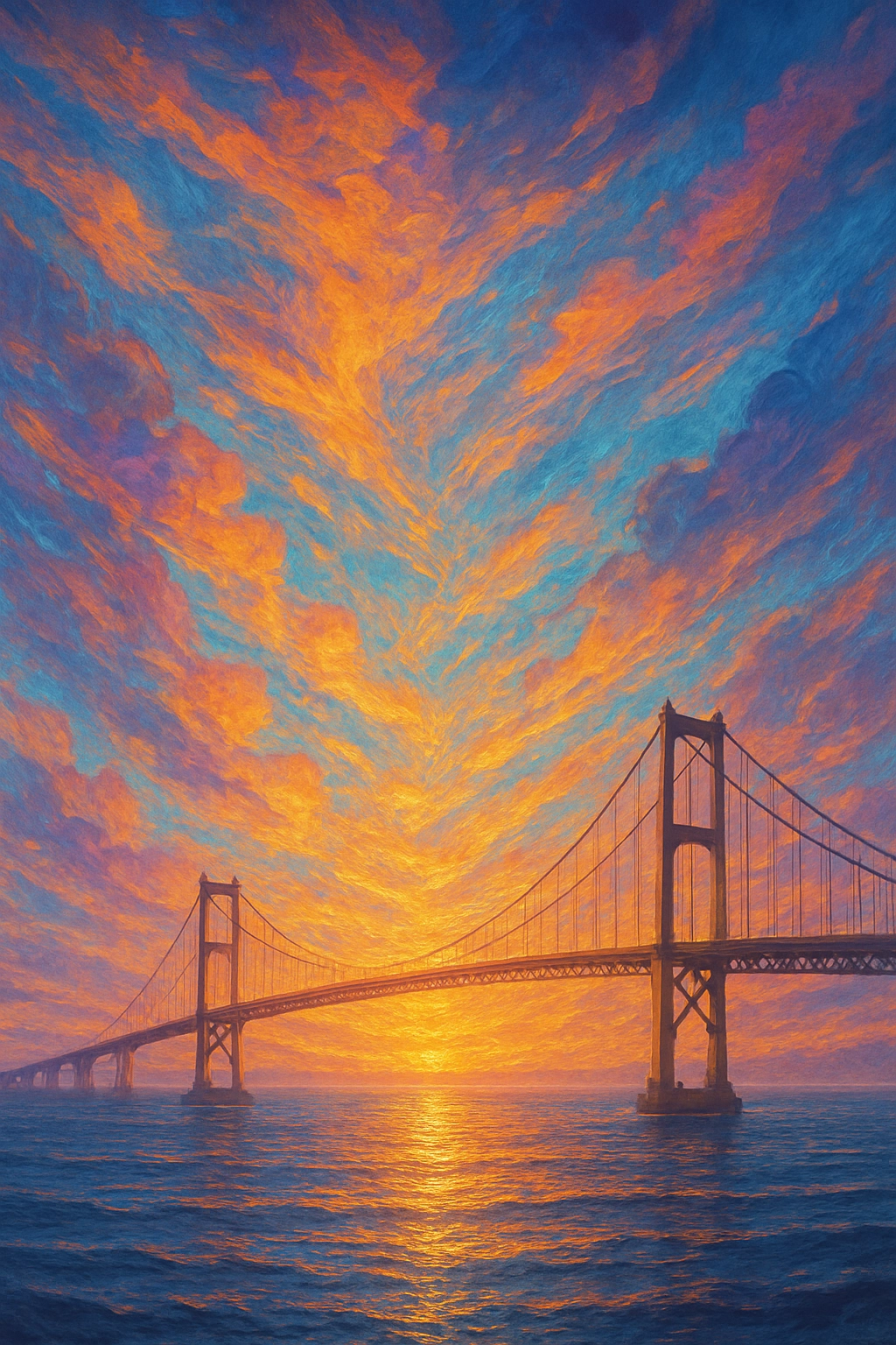 A bridge of dreams, where the sky meets the sea, with each stroke of light a promise, creating a mural of interwoven des