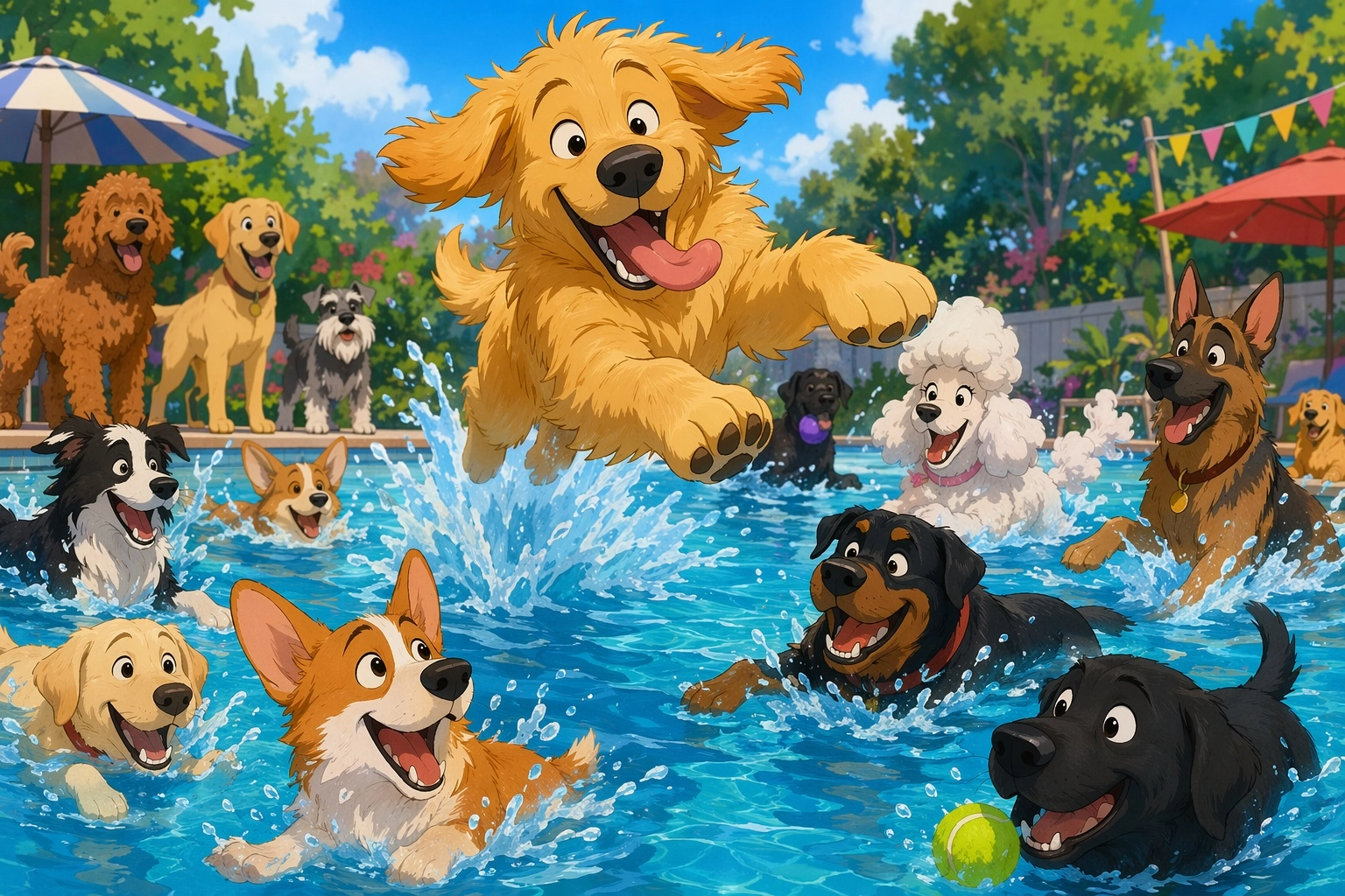 2D disney animation style. golden retriever, puppy, shaggy haired puppy, derpy grin, mid leap, leaping into a swimming p