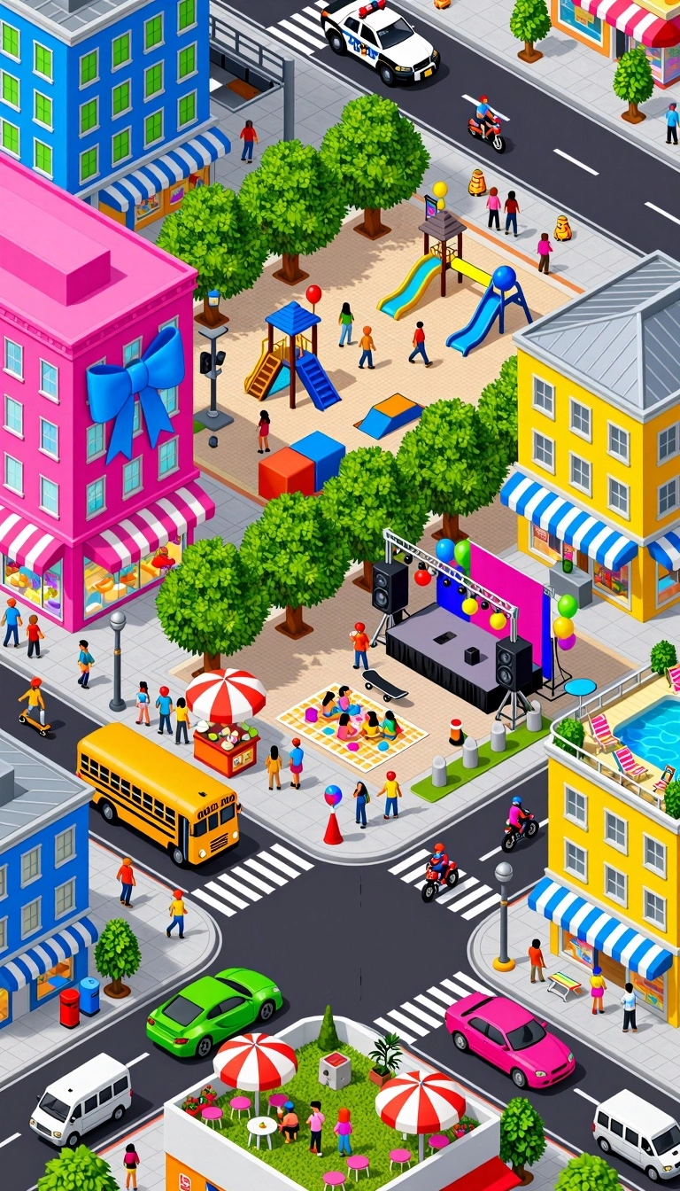 Highly detailed isometric digital illustration (diagonal aerial view), precise line art, vibrant saturated colors, refin