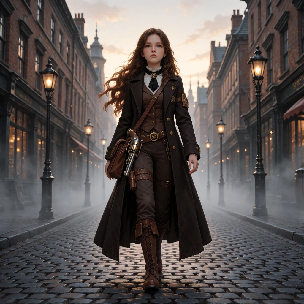 1 girl, Victorian era, steampunk, long coat, high leather riding boots, steampunk revolver at hip, leather satchel slung