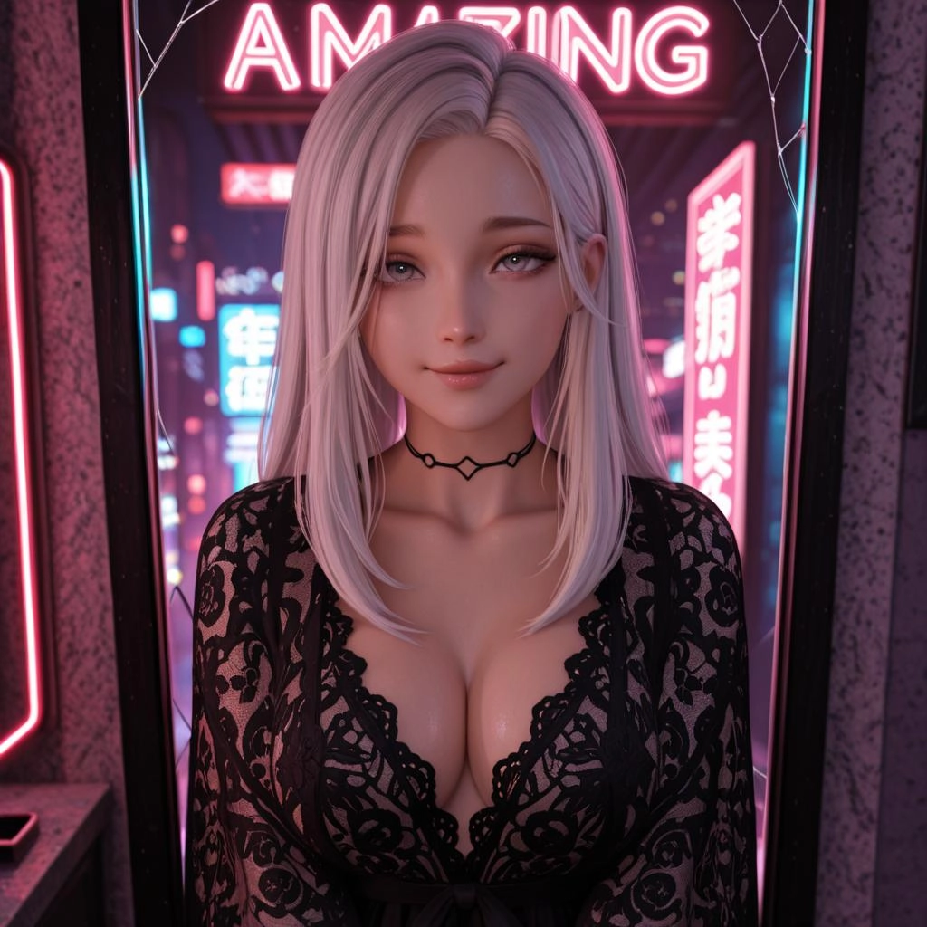 A figure clad in the soft embrace of a lace-trimmed robe, stands before a towering cyberpunk cityscape, her silhouette f