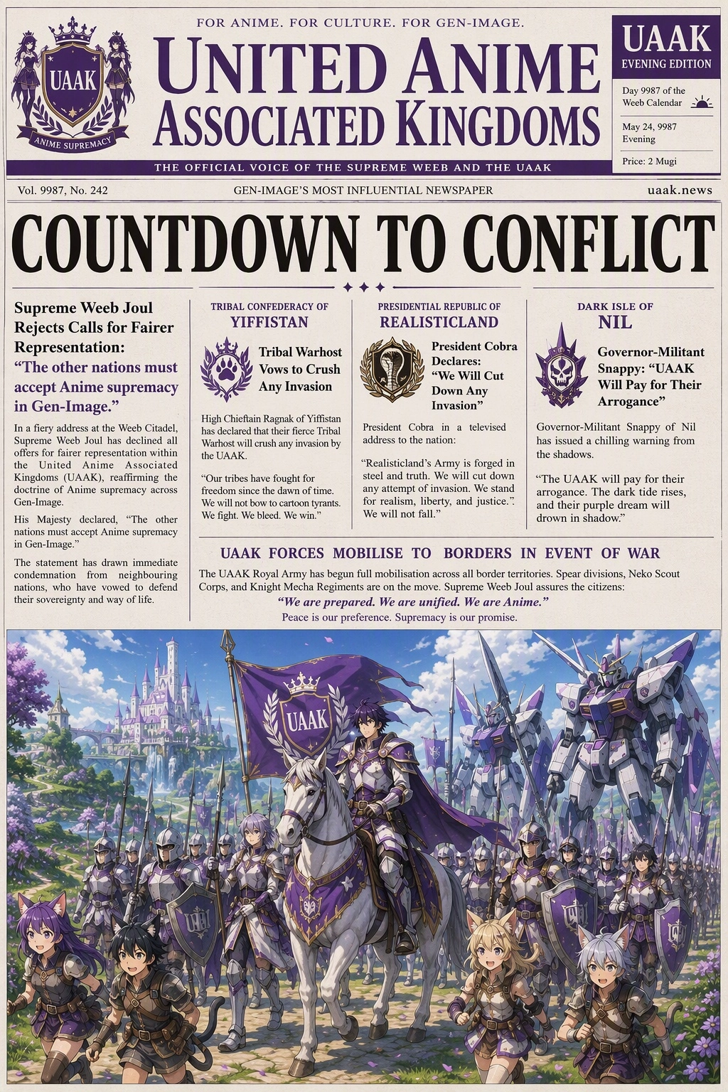 An evening newspaper front page from " United Anime Associated Kingdoms" or "UAAK" for short  in the world called "Gen-I