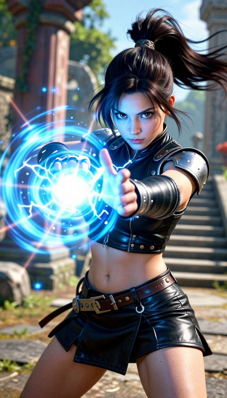 Hyper-realistic 3D digital art of a beautiful young female warrior in a dynamic fighting pose inspired by Sakura from St