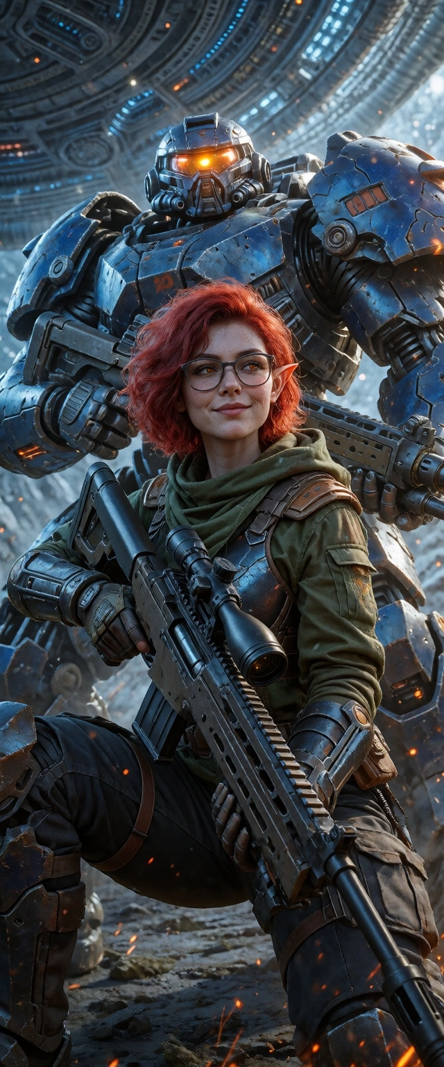 Female elf, red short hair, glasses, alien ship, cyber warrior, power armor, tech sniper rifle, fight pose, proud gaze