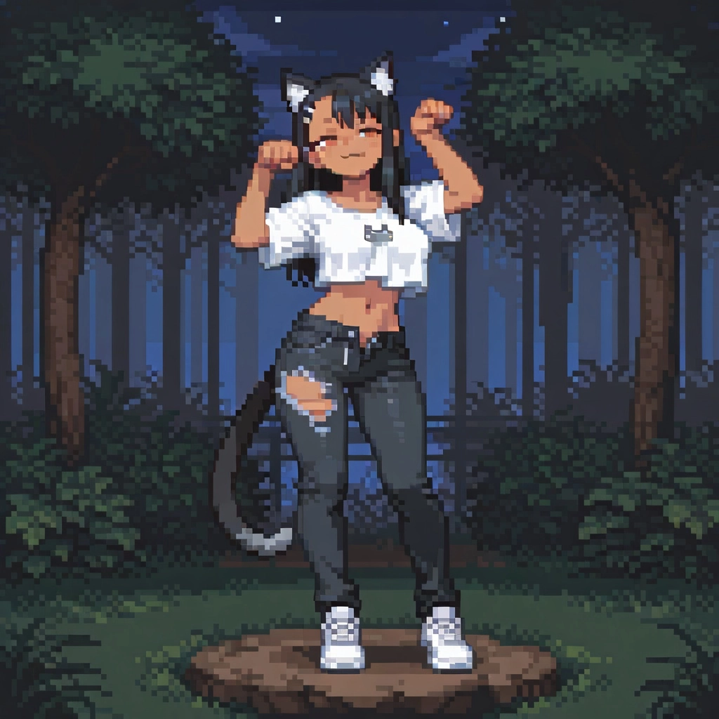 Nagatoro, cute cat_pose, night club, (cat_smile cat_mouth), closed mouth, cat ears, shiny loose crop_top silver crop_top