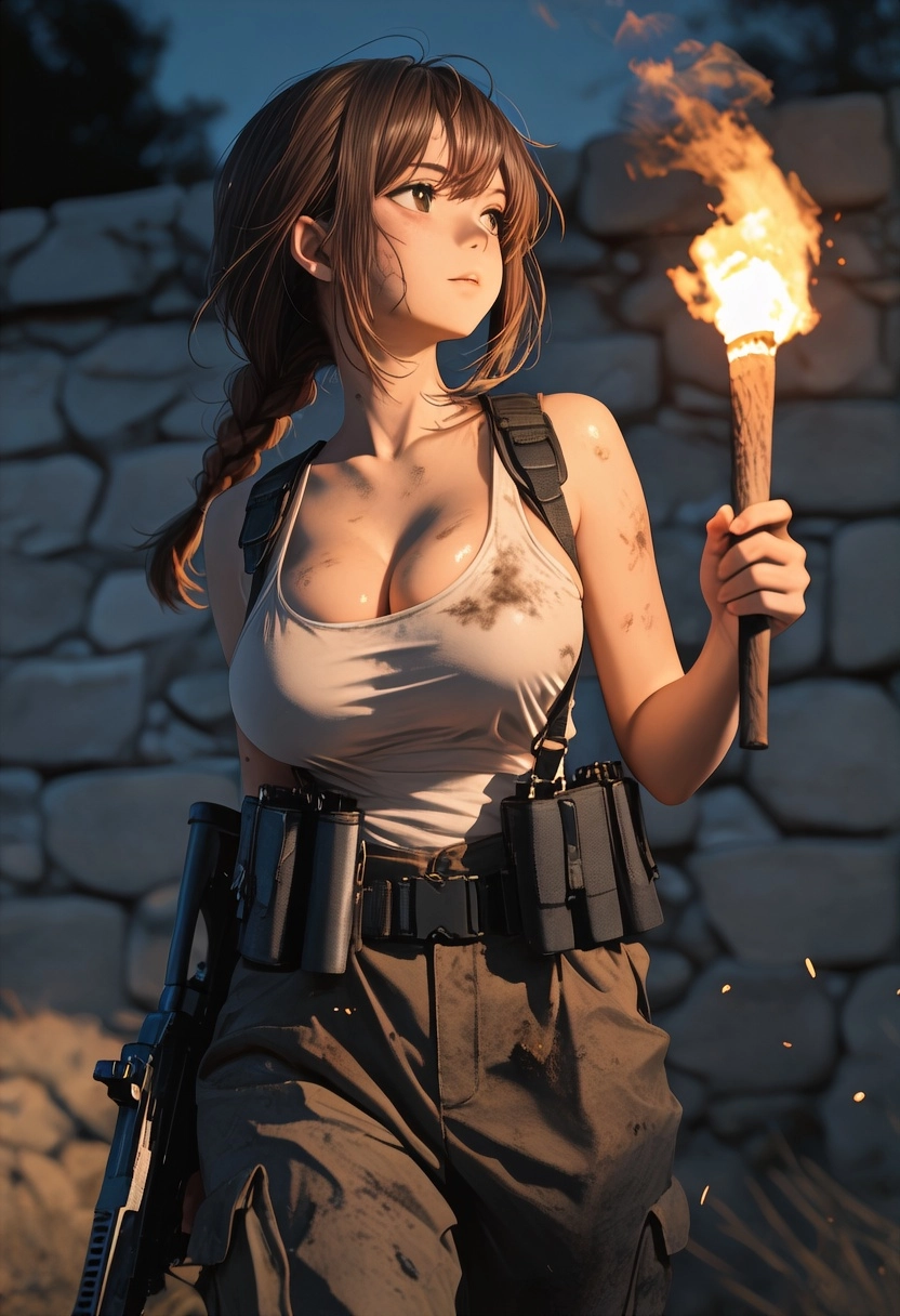 Stone wall, dark, Cowboy shot, 1girl, brown hair, low braid, tank top, suspenders on breasts, gun harness, large breasts