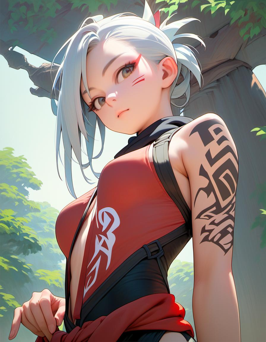 Anime ninja with face tattoos with tounge sticking out with two different color eyes