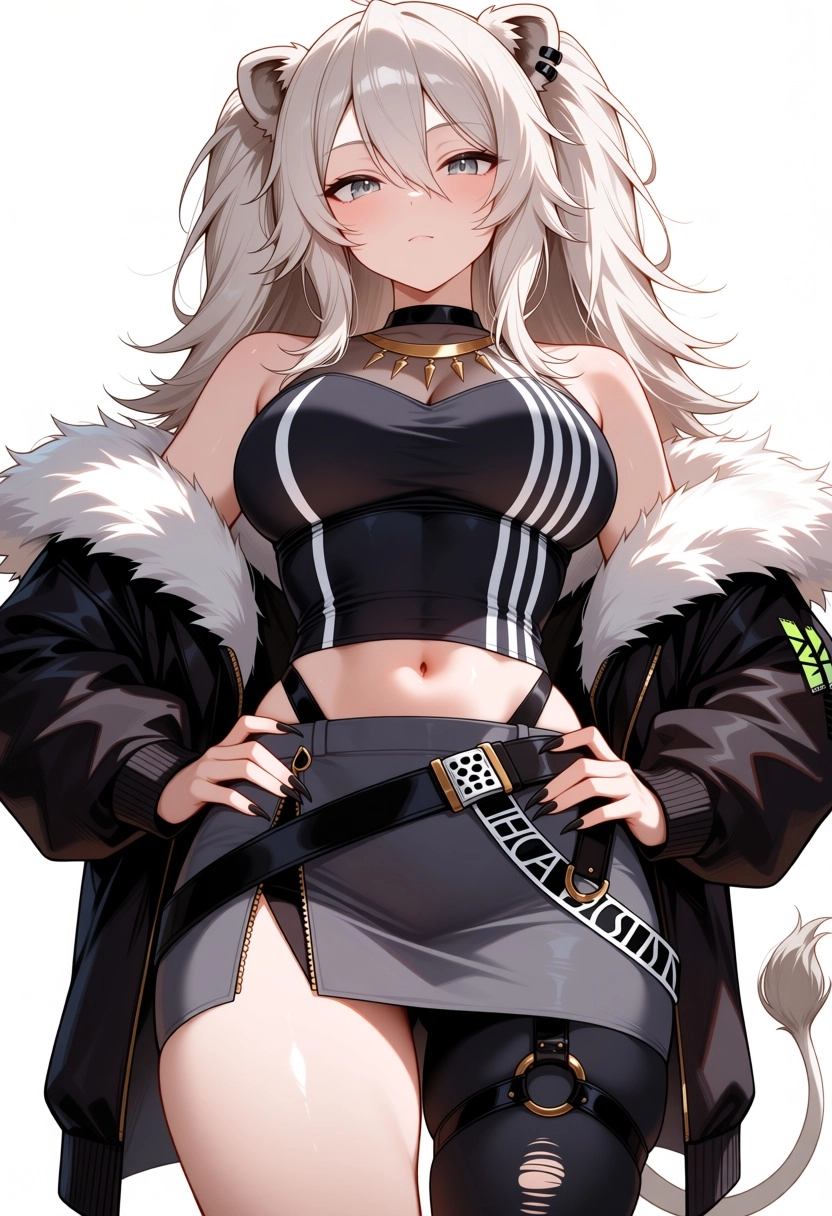 1girl, detailed eyes, looking at viewer, facing viewer, cowboyshot, white background, lion girl, lion tail, shishiro bot