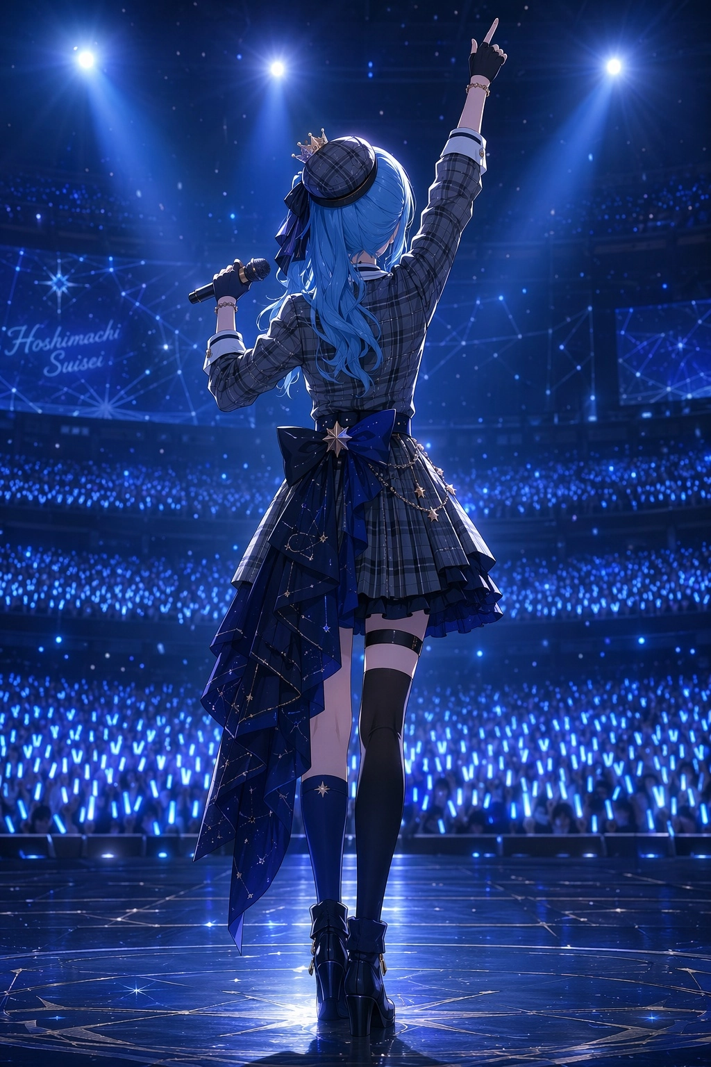 a back shot of Hoshimachi Suisei standing on a stage with one hand raised while holding the microphone