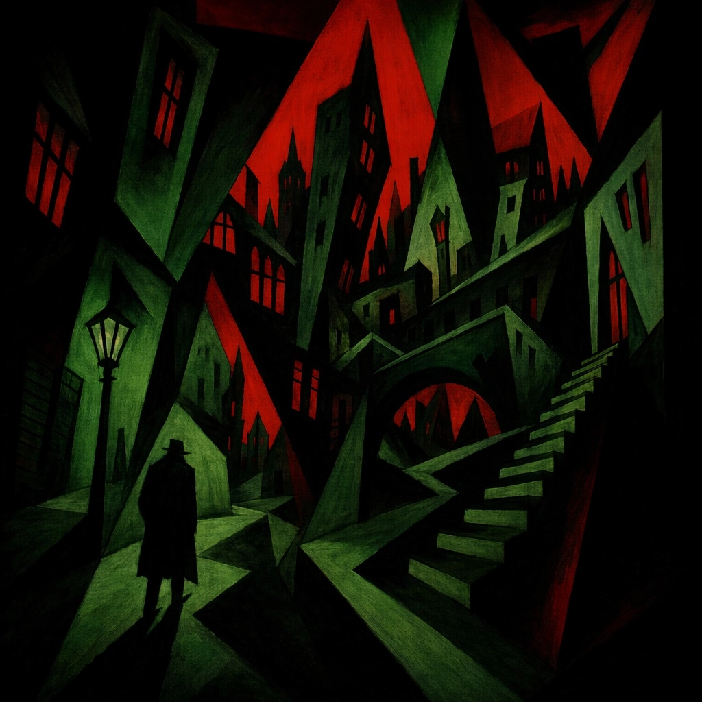 A  unnerving  city street of sharp angles,  impossible  architecture and unwelcoming atmosphere with pitch black shadows