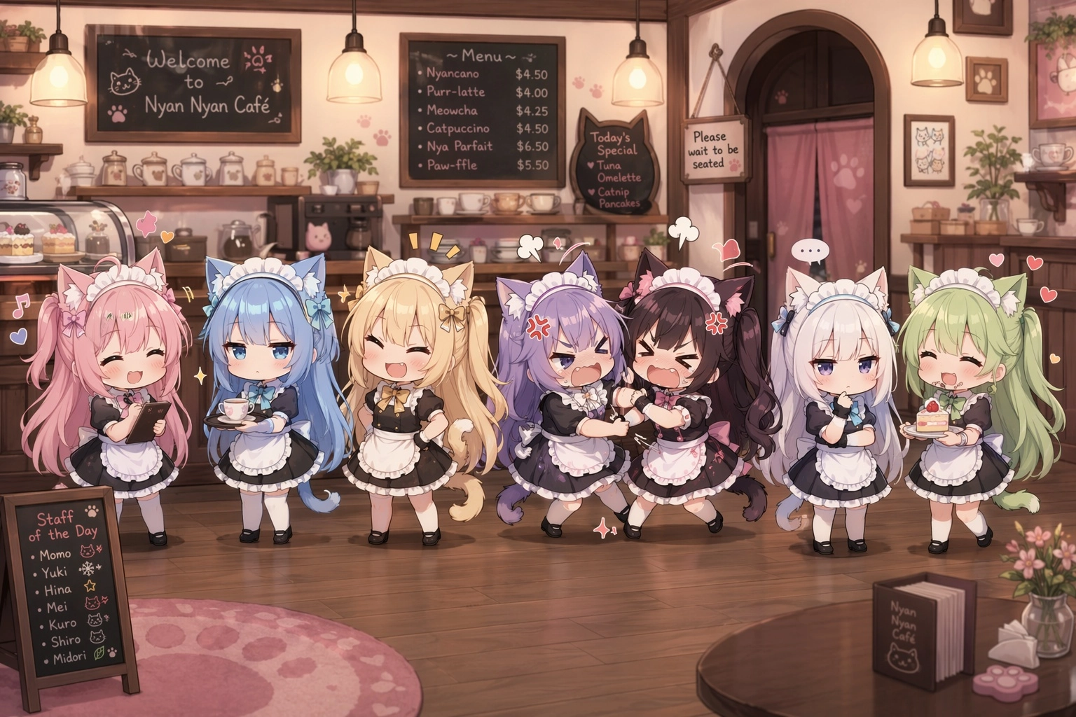 A row of cute catgirl maids each with different colored hair. Slightly chibi-size, small black shoes, each has their own