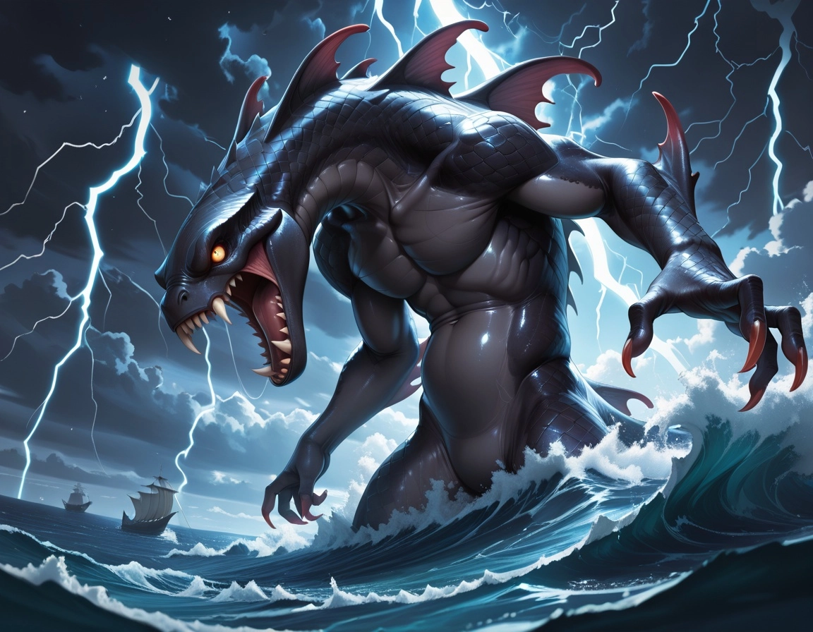 fantasy, kraken, tempest, ocean, fangs, emerging from the ocean during a storm, lightning, scales, crest along the back,