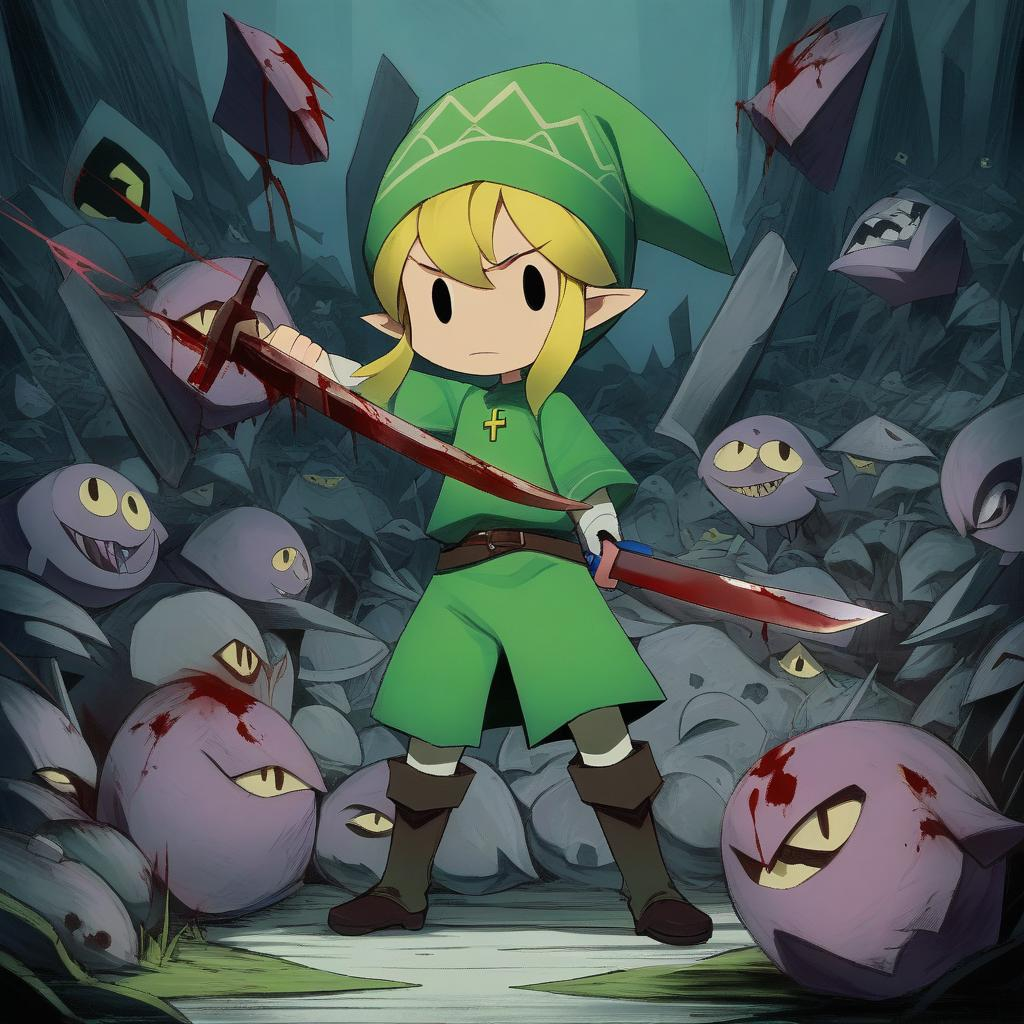 Toon link wind waker killing a moblin with blood all over from his sword