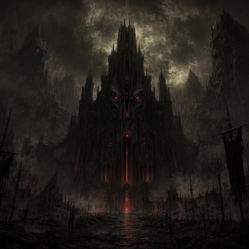 A dark and oppressive castle nestled in a dark ravine surrounded by brutal unwelcoming mountains. It's architecture is s