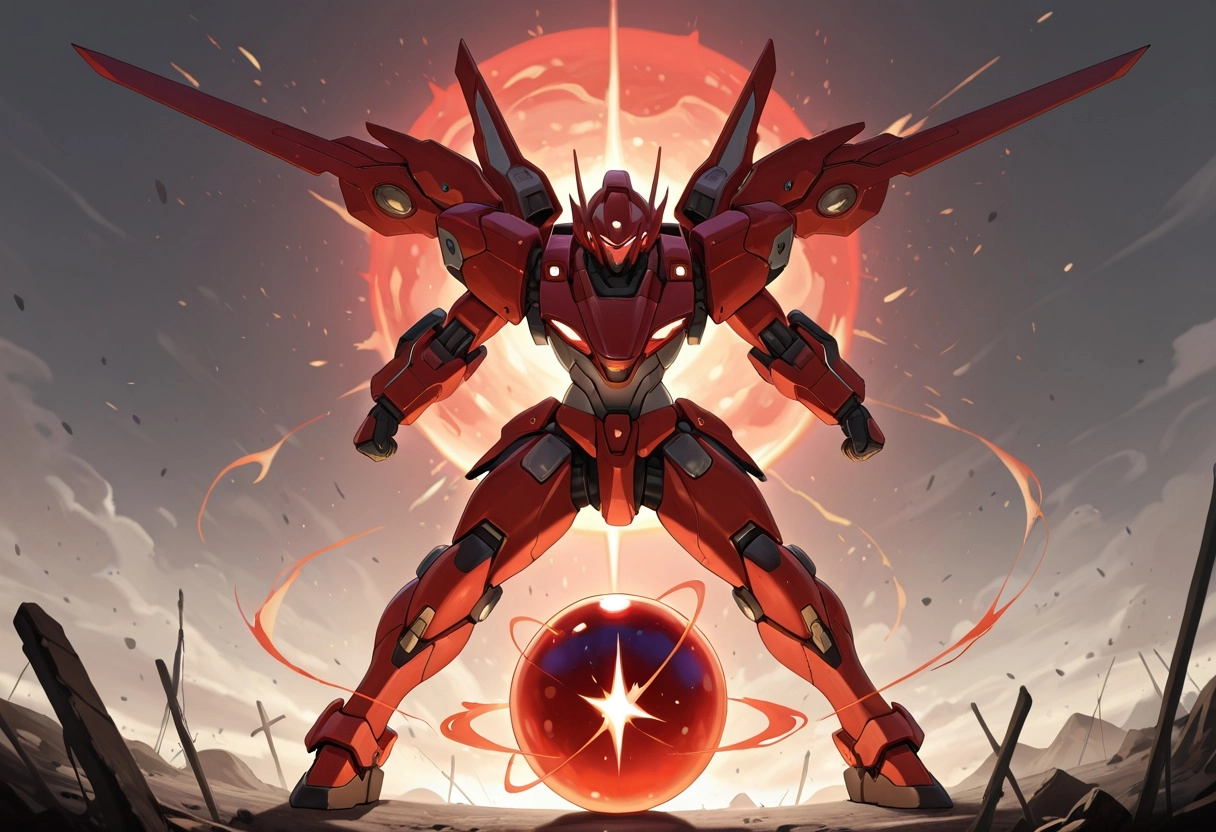 mecha suit shape of orb, highly detailed, red mono-eye.