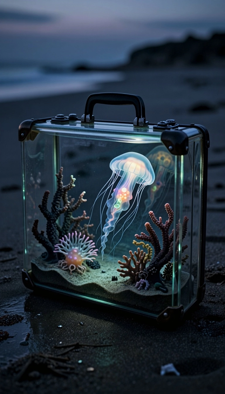 A vintage transparent glass suitcase containing a miniature, bioluminescent deep-sea ecosystem, ethereal jellyfish and s