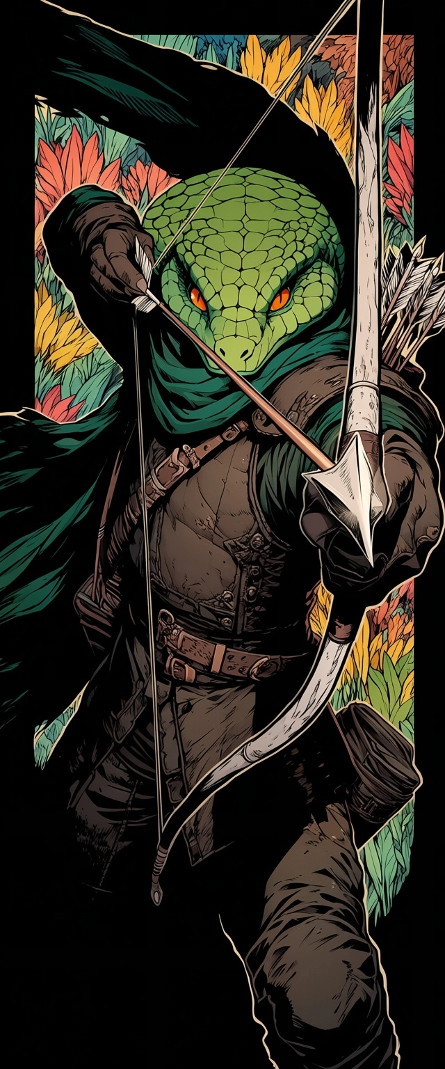 male, cobra, anthro,  green scales, bipedal,  orange snake  eyes,  rugged leather armour, green scarf,  bow and  arrow m