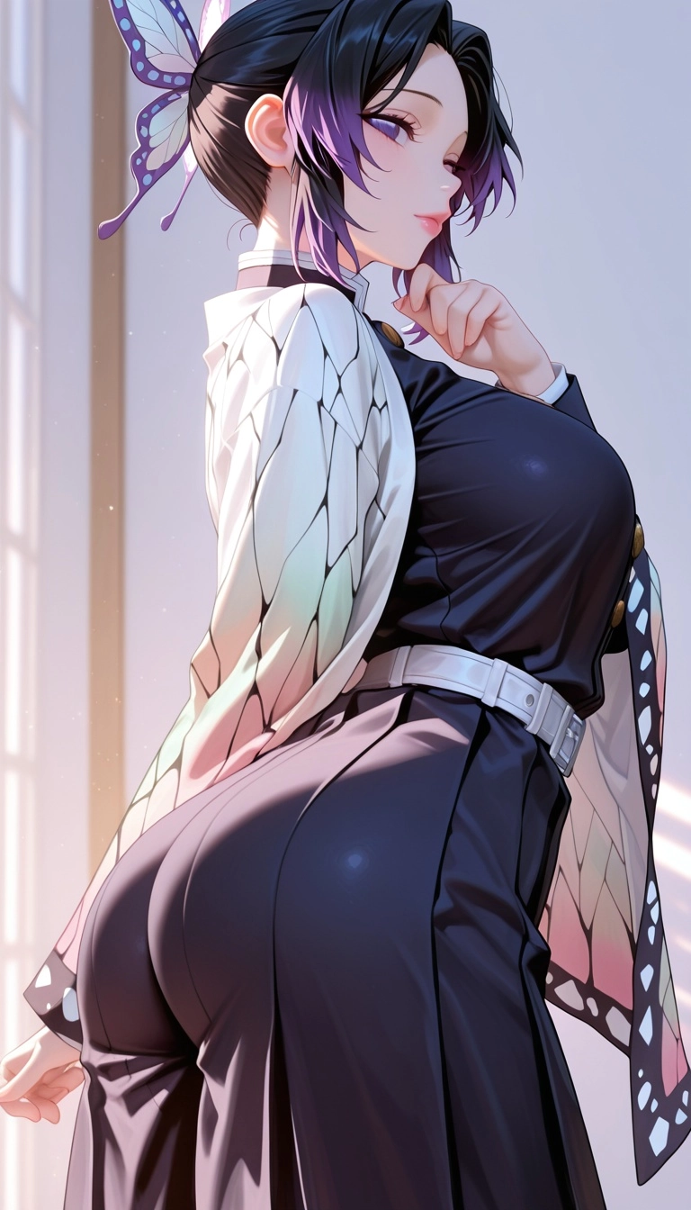masterpiece, best quality, ultra detailed, soft lighting, soft sunlight, pink lips, plump lips, shinobu kochou from demo
