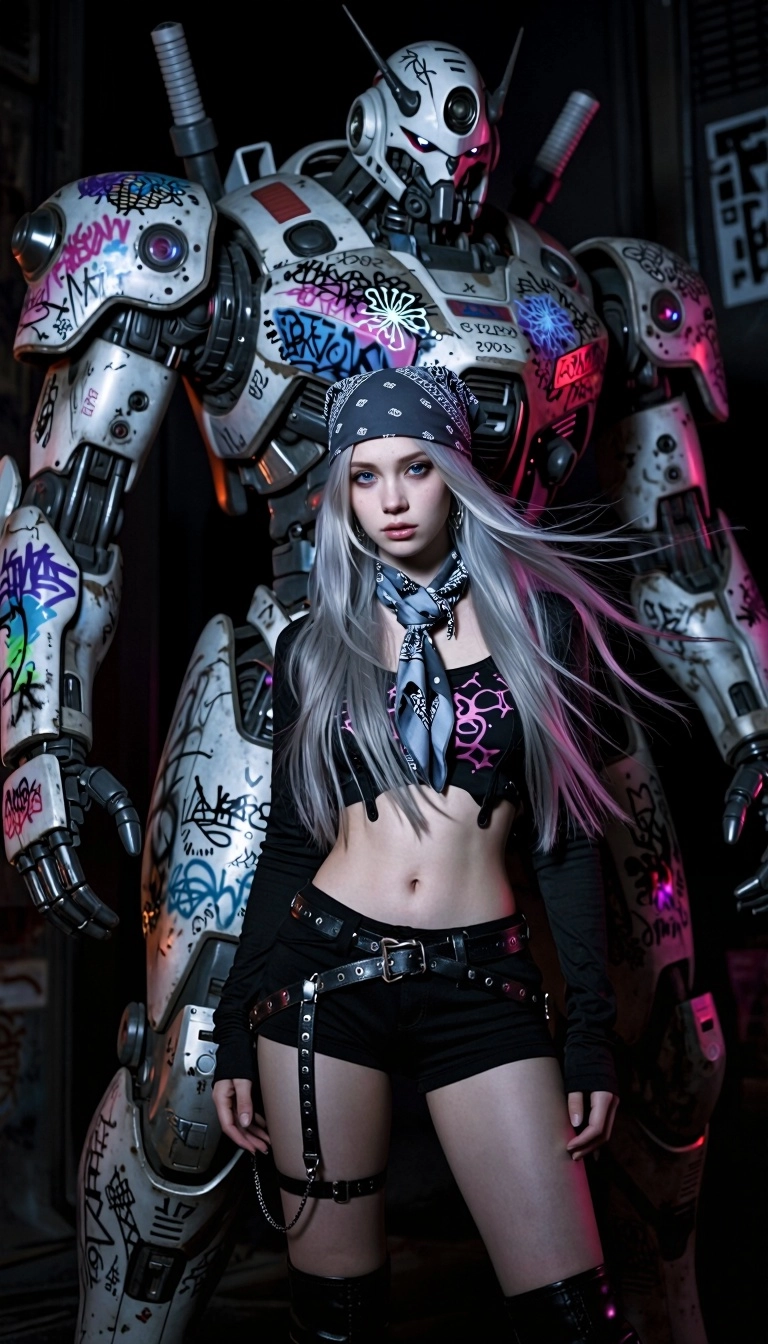 A young  woman with long, flowing silver-blonde hair and blue eyes coming out of a giant, weathered mech, wearing a post