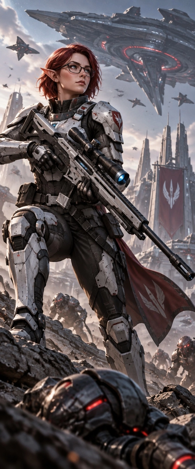 Female elf, red short hair, glasses, alien ship, cyber warrior, power armor, tech sniper rifle, fight pose, proud gaze