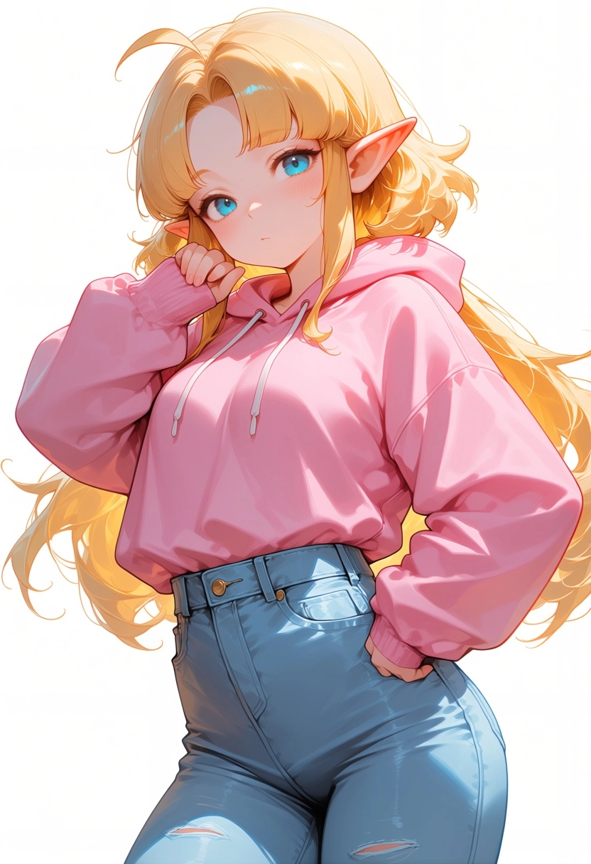 Petite zelda high waist jeans, bangs, oversized hoodie tucked into pants