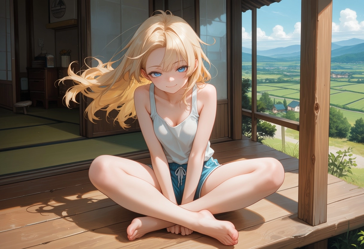 athletic 25 year old girl, long blond hair, sat on wooden porch, japanesse house, overlooking japanesse countryside, bar