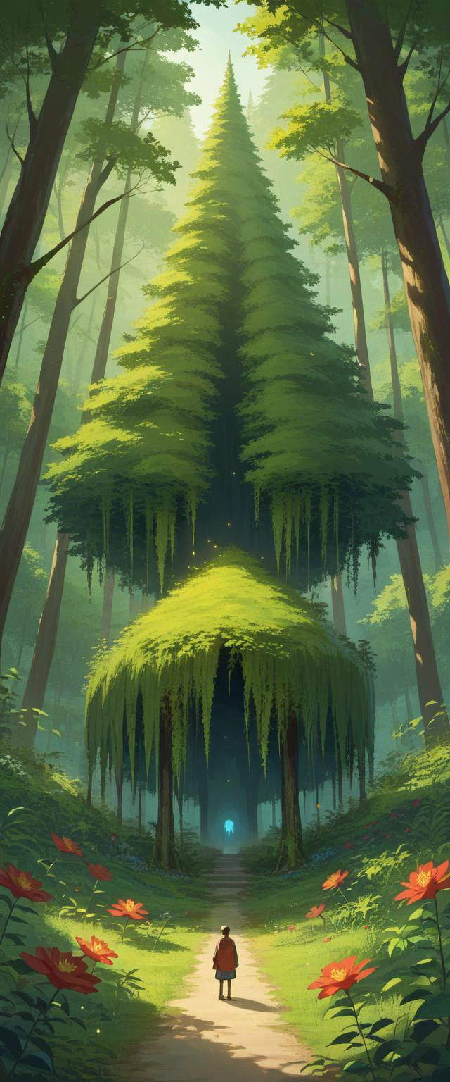 A panoramic view of an enchanted forest at dusk, where bioluminescent flowers illuminate the underbrush and a mystical c