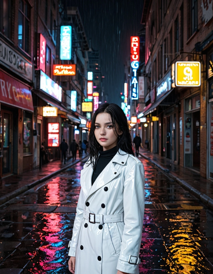 1girl, long black hair, red eyes, wearing a white trench coat, standing in a rainy alleyway, neon signs glowing, wet pav