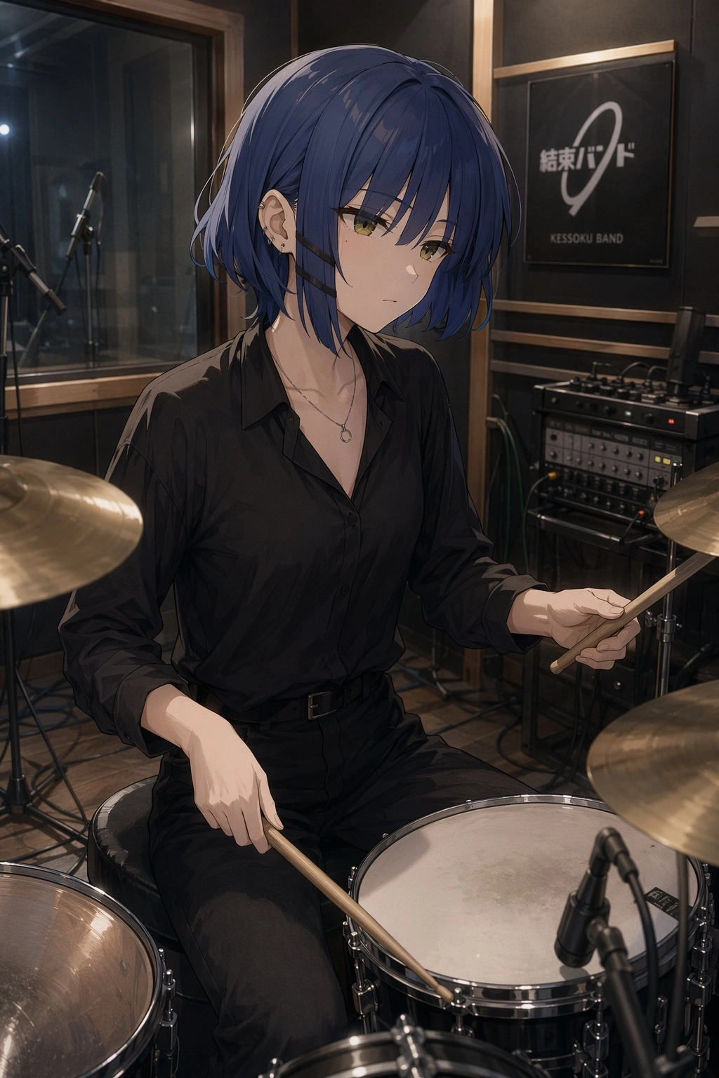 adult version of Yamada Ryo from the anime Bocchi the Rock!, playing drum in a studio